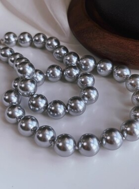 银扣12mm施家珍珠冷光白铂金灰项链女小众