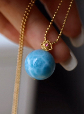 天然海纹石14mm圆珠拉利玛吊坠精镶金扣百搭金吊坠