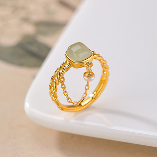 通体S925纯银镀金天然和田玉珍珠戒指个性简约链条开口指环