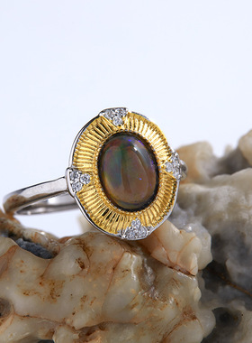 日韩新款轻奢高级感戒指女S925纯银镶天然欧泊开口戒小红书热销