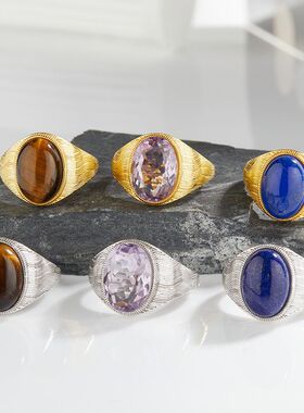 霸气复古S925纯银天然青金虎眼彩宝戒指男女通用时尚潮款开口戒