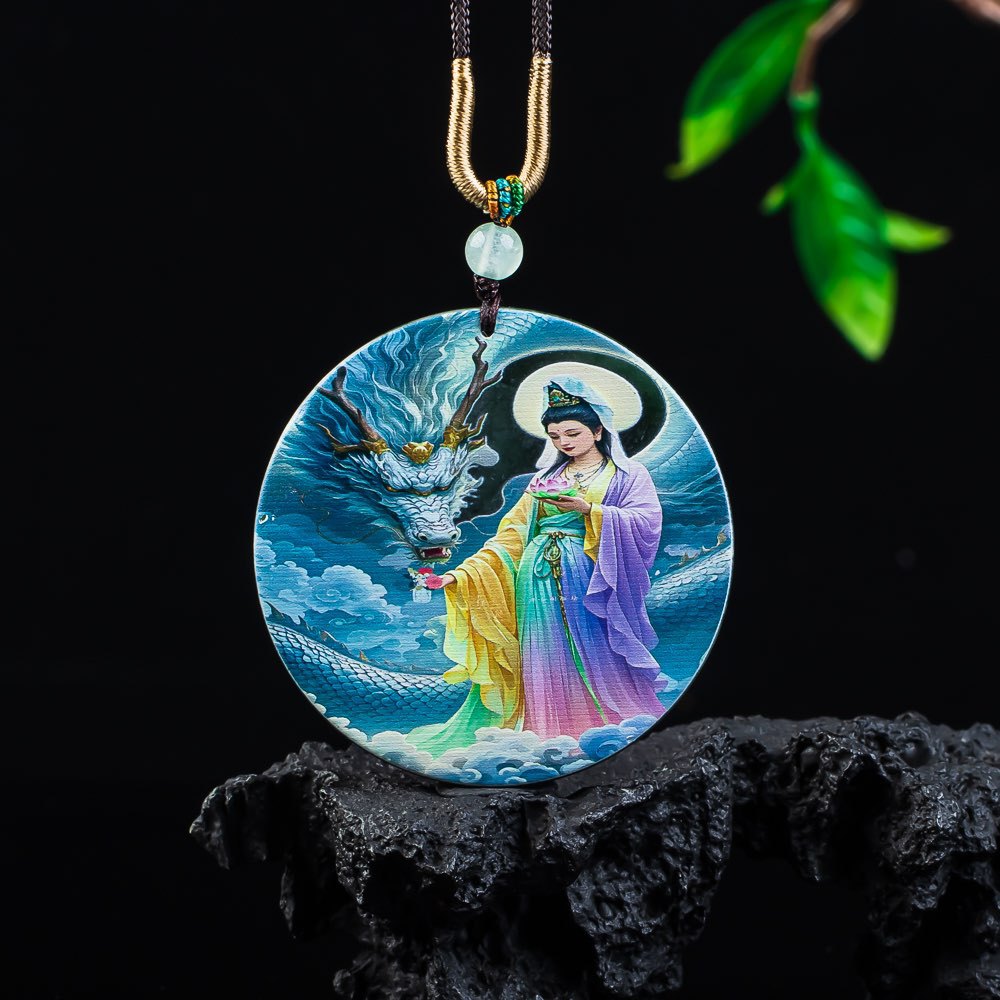 天然A货翡翠蓝水彩色影雕佛像观音冰种玉石吊坠男女款挂件玉佩