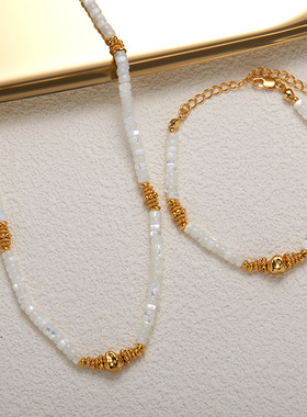 S925纯银天然白贝彩宝项链女小众轻奢设计感极简白色贝串珠