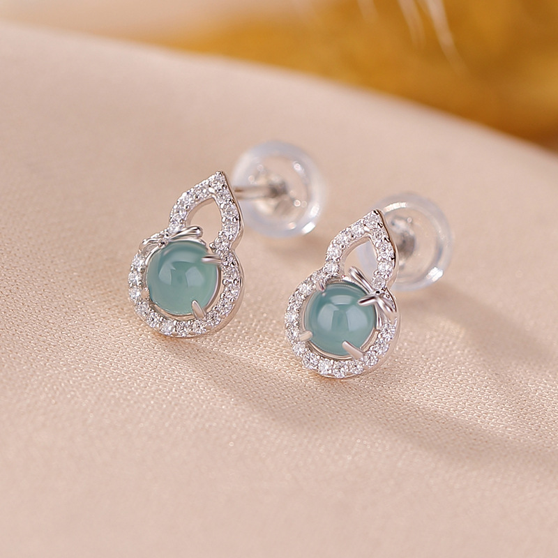 通体S925纯银蓝水翡翠新中式国风福禄葫芦镂空圆珠耳钉气质耳饰