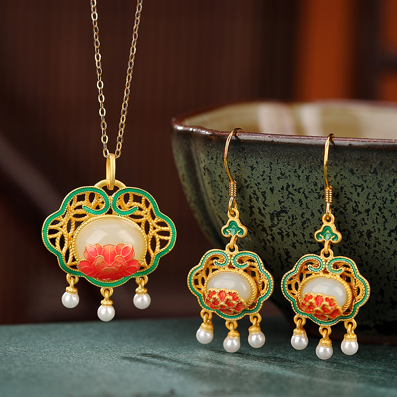 通体S925纯银镀金和田玉珍珠国潮珐琅复古牡丹如意镂空耳坠吊坠