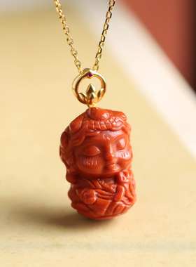 通体金镶嵌天然红玛瑙度母吊坠雕刻国风复古女款锁骨链项链