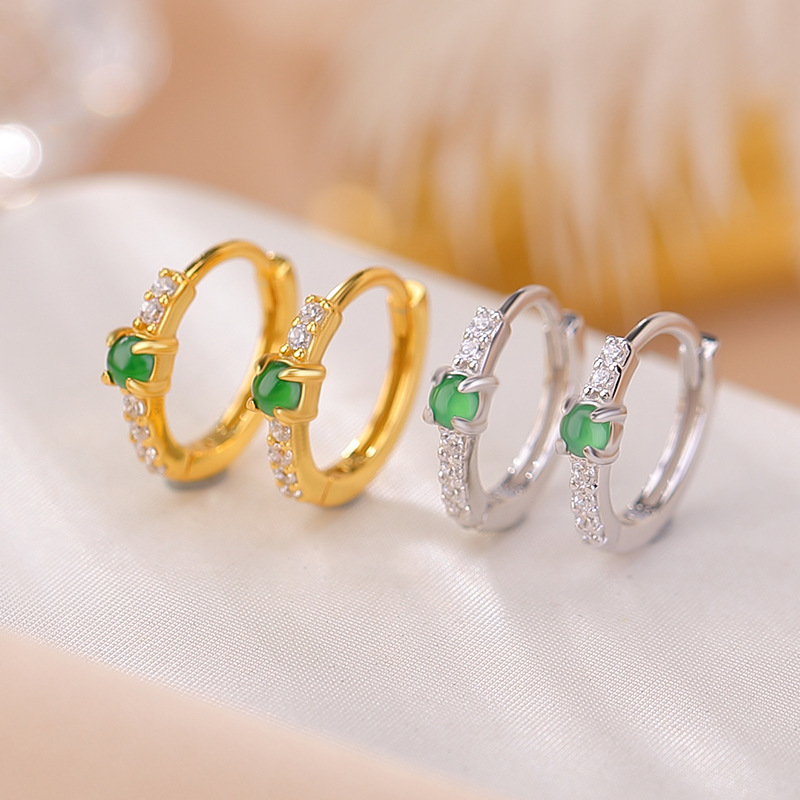 通体S925纯银镀金翡翠复古简约圆珠耳环时尚气质百搭银耳夹耳饰