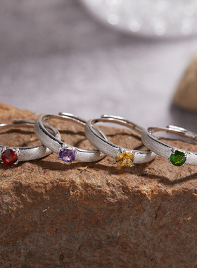 简约高级拉丝小众S925银18K天然鸽血红蓝宝石风生辰石彩宝戒指