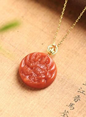 通体金镶嵌天然南红玛瑙黄财神吊坠本命年雕刻国风复古女项链