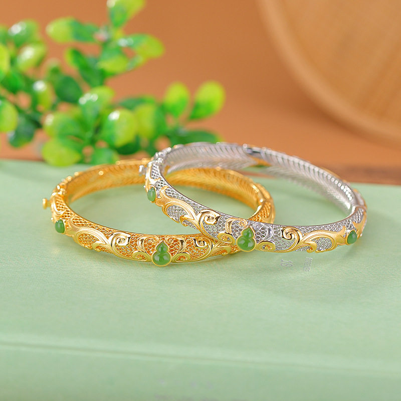通体S925纯银镀金和田玉碧玉复古国风福禄葫芦唐草纹手镯银手环