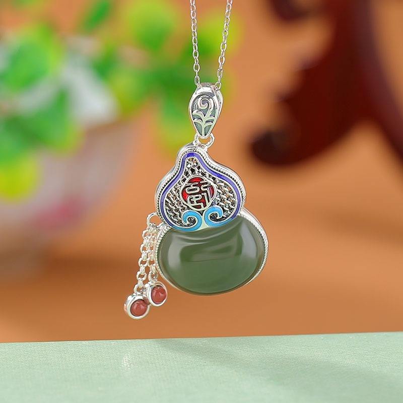 通体S925纯银南红和田玉青玉复古珐琅福字莲花葫芦吊坠流苏挂坠