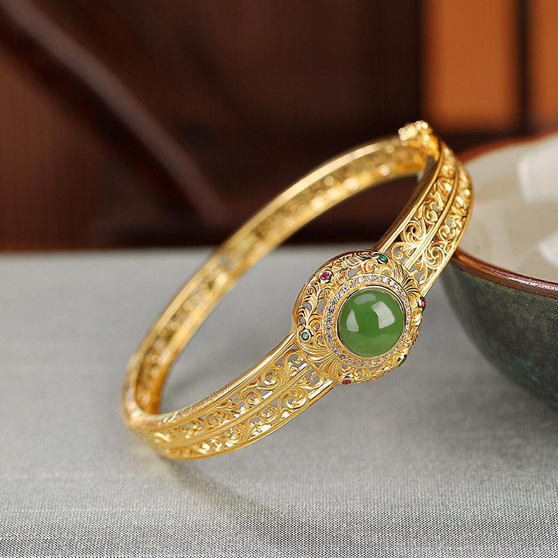 通体S925纯银镀金和田玉碧玉镂空如意圆珠手镯复古轻奢时尚手环