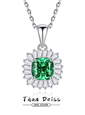 欧美高级感锆石S925通体纯银满钻方糖祖母绿色项链彩色宝石吊坠