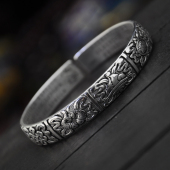 复古泰银吉祥八宝手镯做旧黑色藏银手环苗银饰品手工原创民族风女