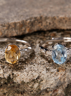 小红书抖音直播S925纯银镶天然托帕石黄水晶戒指女时尚彩宝爆款