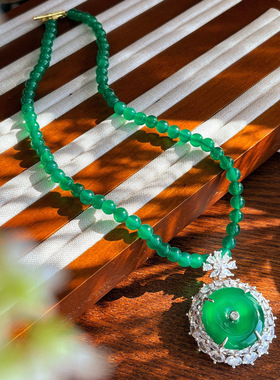 6mm天然玻璃种起光绿玉髓套链简约怀古扣圆扣玉石挂坠珠链圆珠女