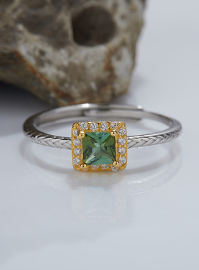 爆款方糖S925纯银戒指女轻奢高级感天然碧玺开口戒指环小红书热销