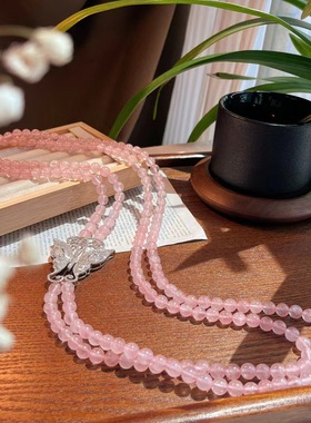 原创设计长款高品质蝴蝶元素西柚粉粉晶双层长款毛衣链项链