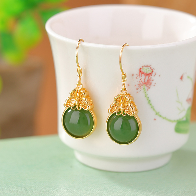 通体S925纯银镀金和田玉碧玉向阳而生复古蝴蝶花丝镂空圆形耳坠