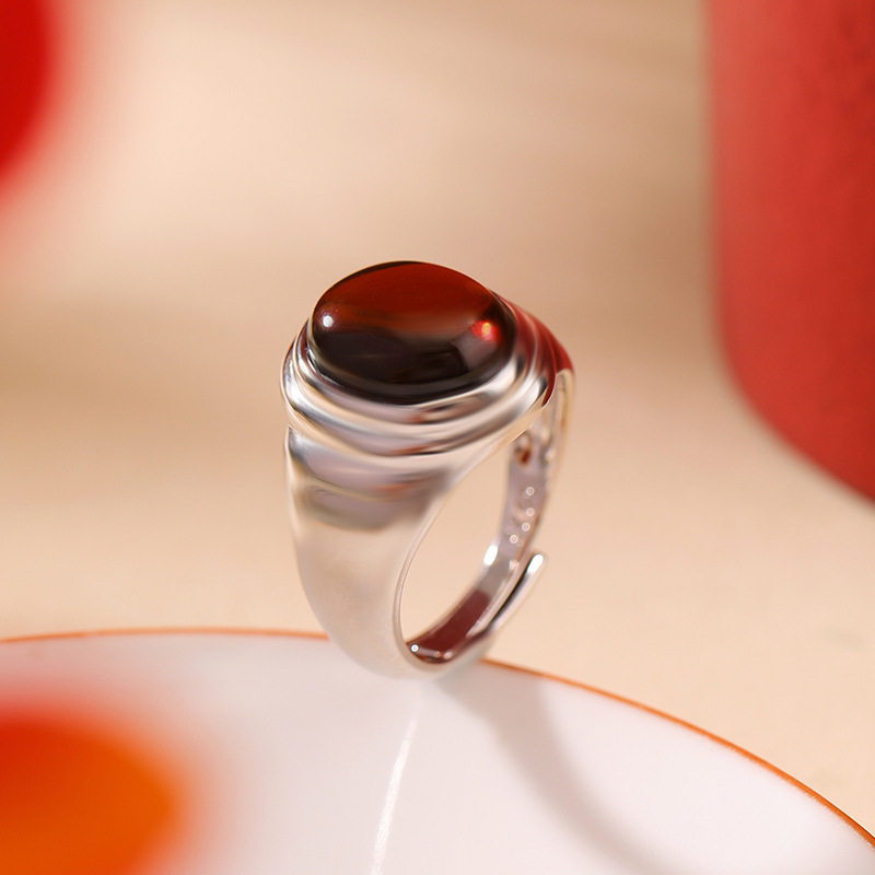 通体纯银S925纯银血珀复古简约设计感几何蛋面戒指气质百搭银指环