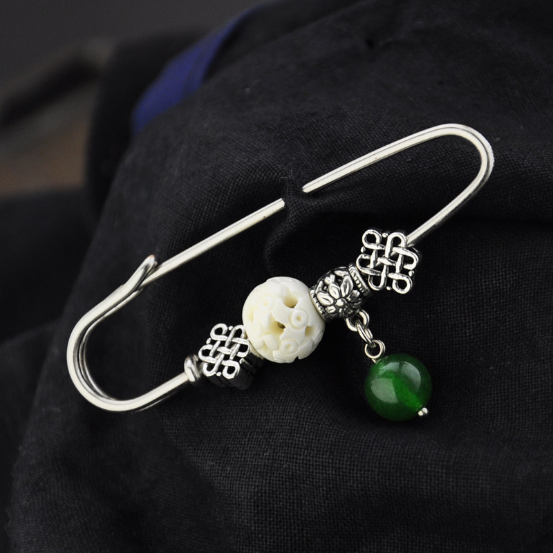复古民族风牛骨佛珠中国结绿玛瑙胸针别针 毛衣古典原创手工饰品