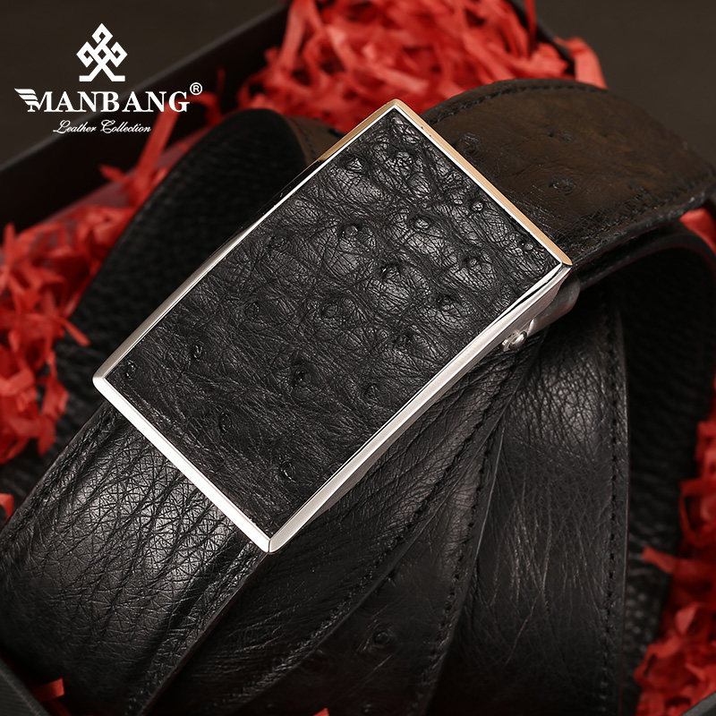 曼邦鸵鸟皮真皮皮带男高档自动扣商务腰带潮青年钢扣休闲男士裤带