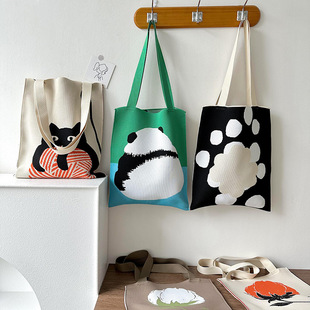 针织托特包女新款2025春卡通流行单肩包上班出勤大容量逛街手提包