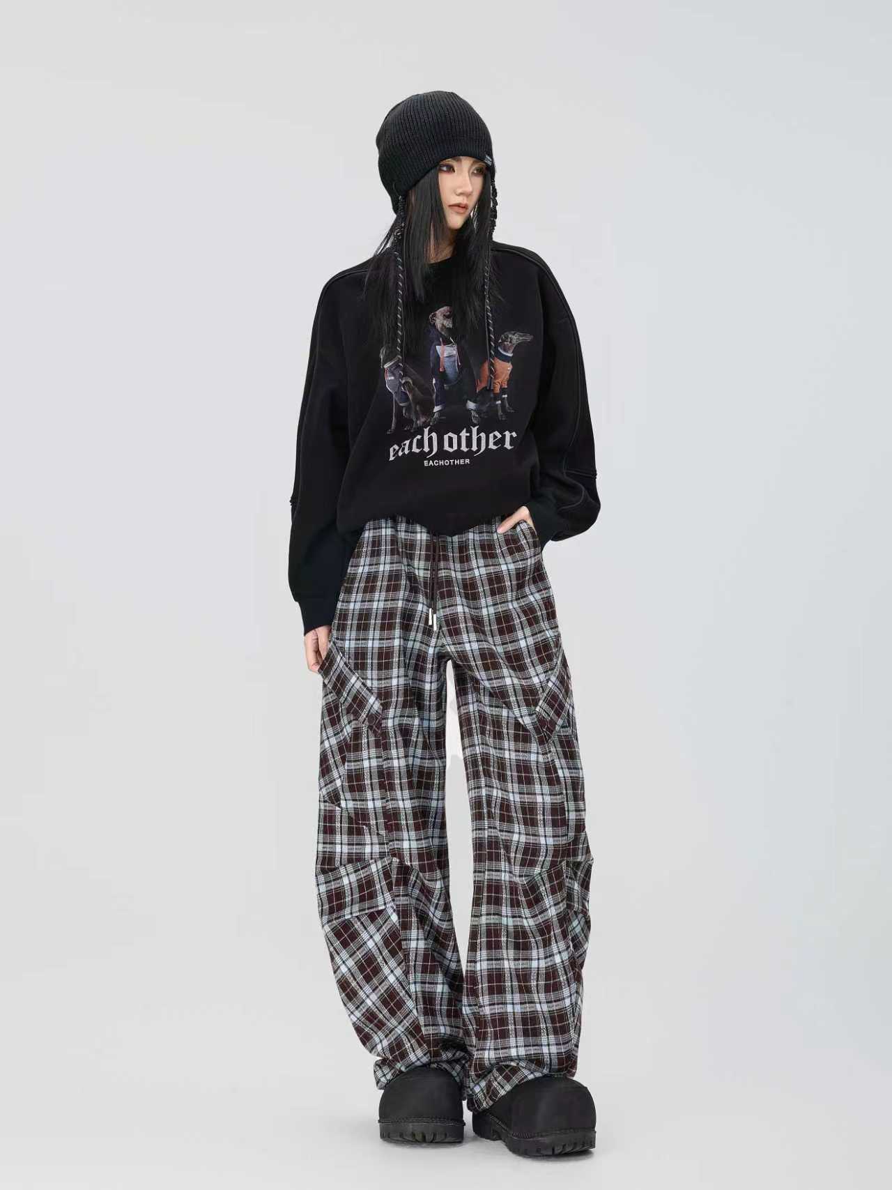 拓谷专柜正品2025新款格子加绒弯刀裤显瘦