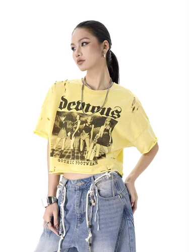 拓谷正品2026春夏新款时尚百搭显瘦破洞短袖T恤女X60276F