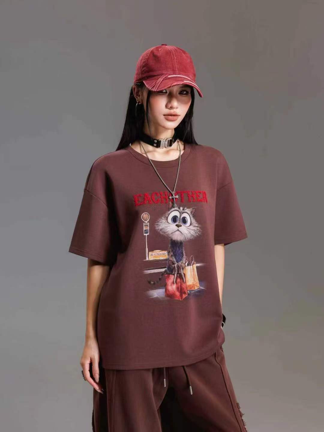 拓谷专柜正品2026秋冬季新款百搭显瘦猫咪图案短袖T恤女Q62248图片