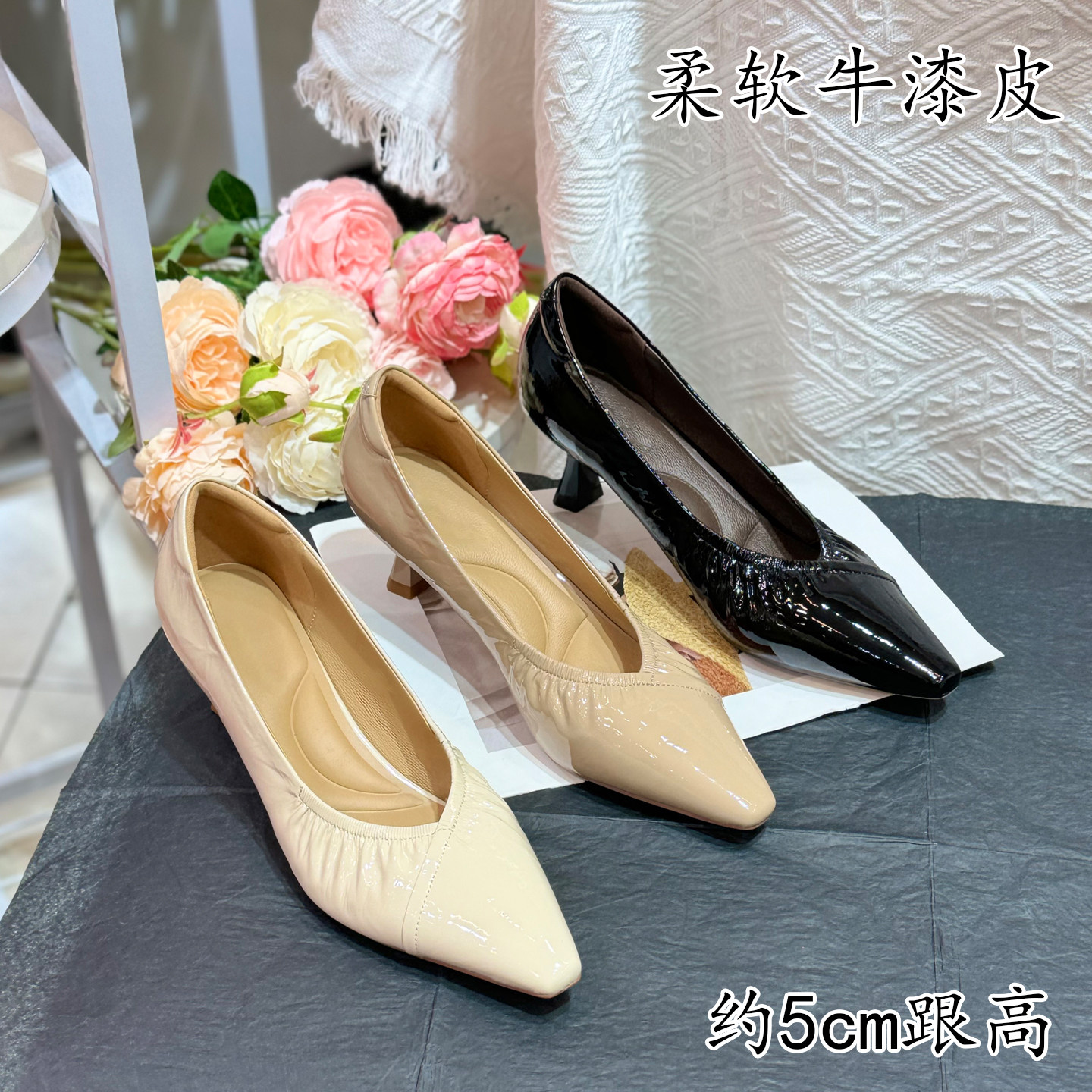 爆款裸色尖头高跟鞋小个子配裙子