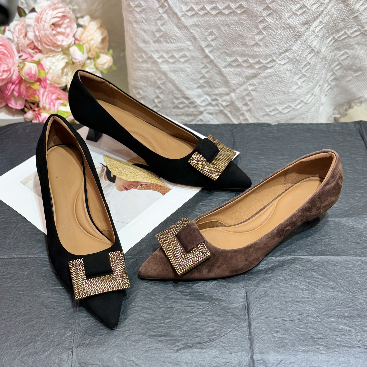 优雅~法式羊皮绒面方扣尖头中跟通勤浅口气质女高跟鞋百搭配裙子,女鞋,浅口单鞋,淘宝优惠券,粉丝福利购,淘宝优惠卷