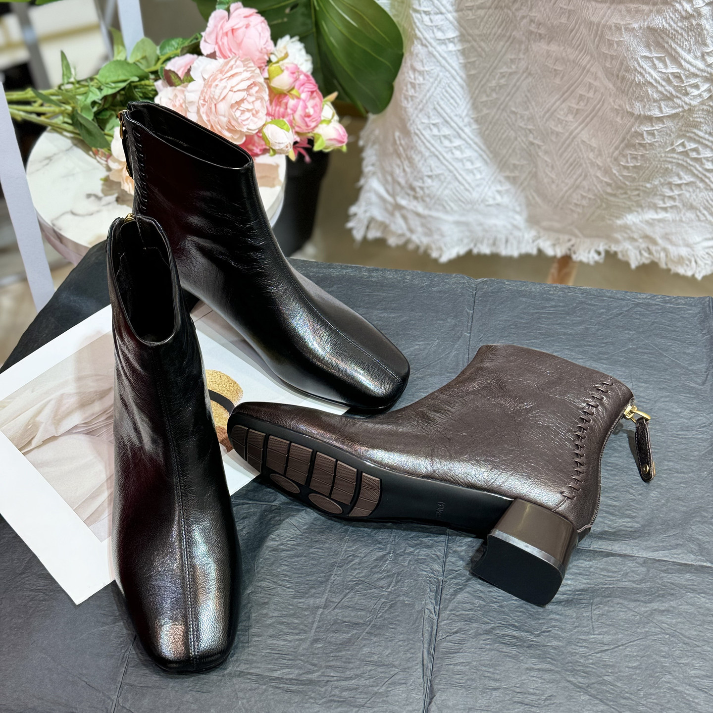 优雅~柔软羊皮粗跟短靴高跟瘦瘦靴子方头裸靴通勤百搭后拉链女靴,女鞋,时装靴,淘宝优惠券,粉丝福利购,淘宝优惠卷