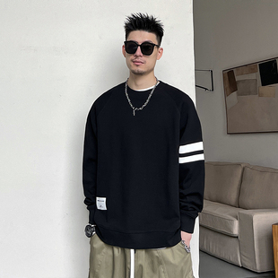 杠叔美式 上衣外套 加绒潮流秋冬季 宽松圆领条纹卫衣男百搭条纹长袖