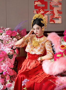 新中式秀禾服龙凤褂金色流苏发簪发饰晨袍礼服头饰跟妆饰品11783