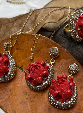 复古奢华富贵气红牡丹玫瑰花镶捷克钻开口可调节戒指耳环项链套装
