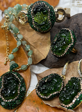 轻奢宫廷风绿琉璃貔貅东陵玉石贵气项链耳环耳钩手镯可调食指戒指