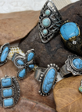 外单vintage欧美复古绿松石头中古董小众民族夸张戒指环满25包邮