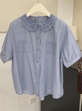 D壹韩版女装春夏新款蕾丝花边领衬衫女宽松显瘦洋气娃娃短袖上衣