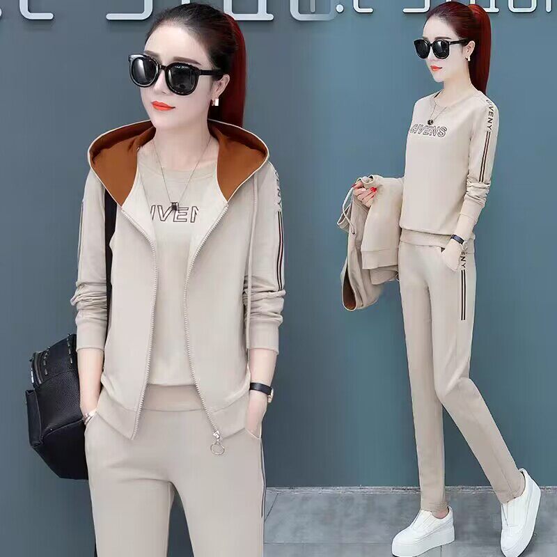 2025春秋季新款时尚运动服套装女品牌女装大码纯棉休闲卫衣三件套