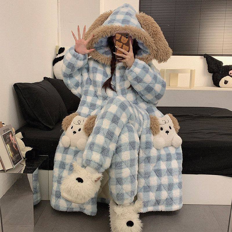 小狗珊瑚绒连帽睡袍女款冬季三层夹棉睡衣加绒加厚保暖冬天家居服