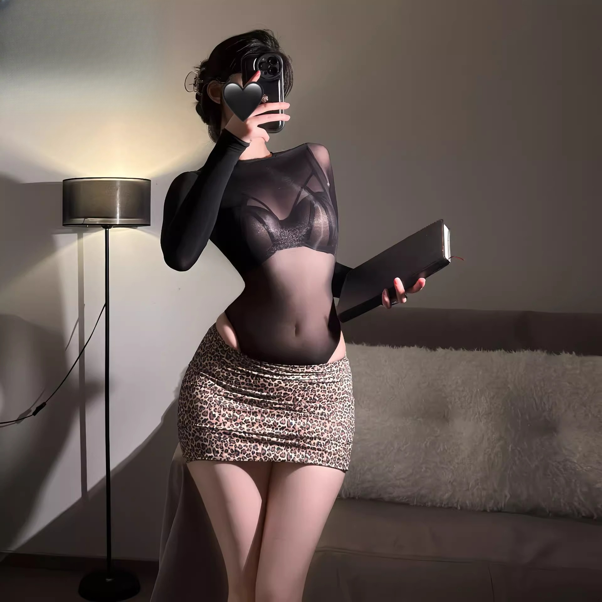 辣妹纯欲豹纹包臀裙性感透视秘书制服内衣女套装约会制服紧身三点