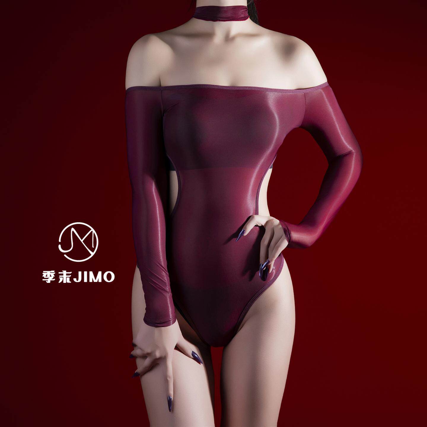 三点式紧身油亮一字肩挂脖连体衣紧身缕空抹胸高叉连体衣女泳装女