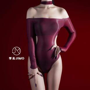 三点式 女 紧身油亮一字肩挂脖连体衣紧身缕空抹胸高叉连体衣女泳装