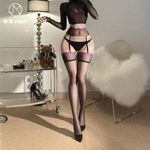 女士性感超薄极光丝袜吊带一体丝袜复古蕾丝刺绣过膝黑丝连裤袜子