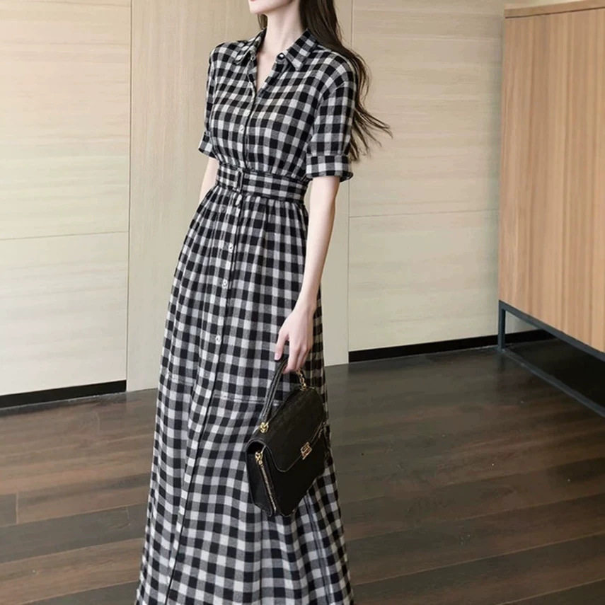 高级感法式格子短袖衬衫连衣裙子女2026年春夏新款复古气质收腰潮