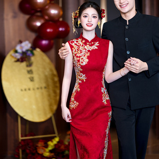 新款中式旗袍新娘结婚出阁服订婚礼服敬酒服显瘦秀禾服夏季无袖女