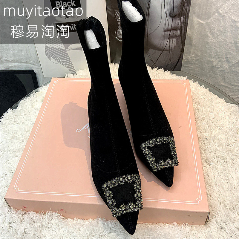 钻扣裸靴带跟短靴女靴2025新款秋冬季黑色尖头高跟鞋弹力瘦瘦靴