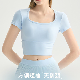 带胸垫瑜伽服短袖女短款性感跑步训练运动t恤显瘦方领健身服上衣