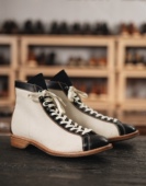 手作版 固特异短脸靴头层牛皮拼油蜡帆布拳击靴贯穿缝制真皮马丁靴